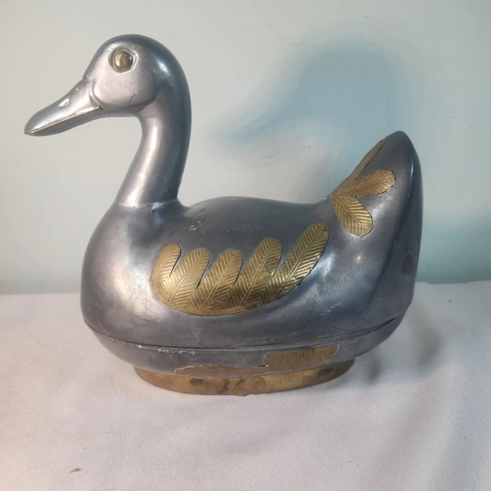 Vintage Pewter & Brass Duck Trinket Box • Lidded Metal Bird Sculpture • Boho